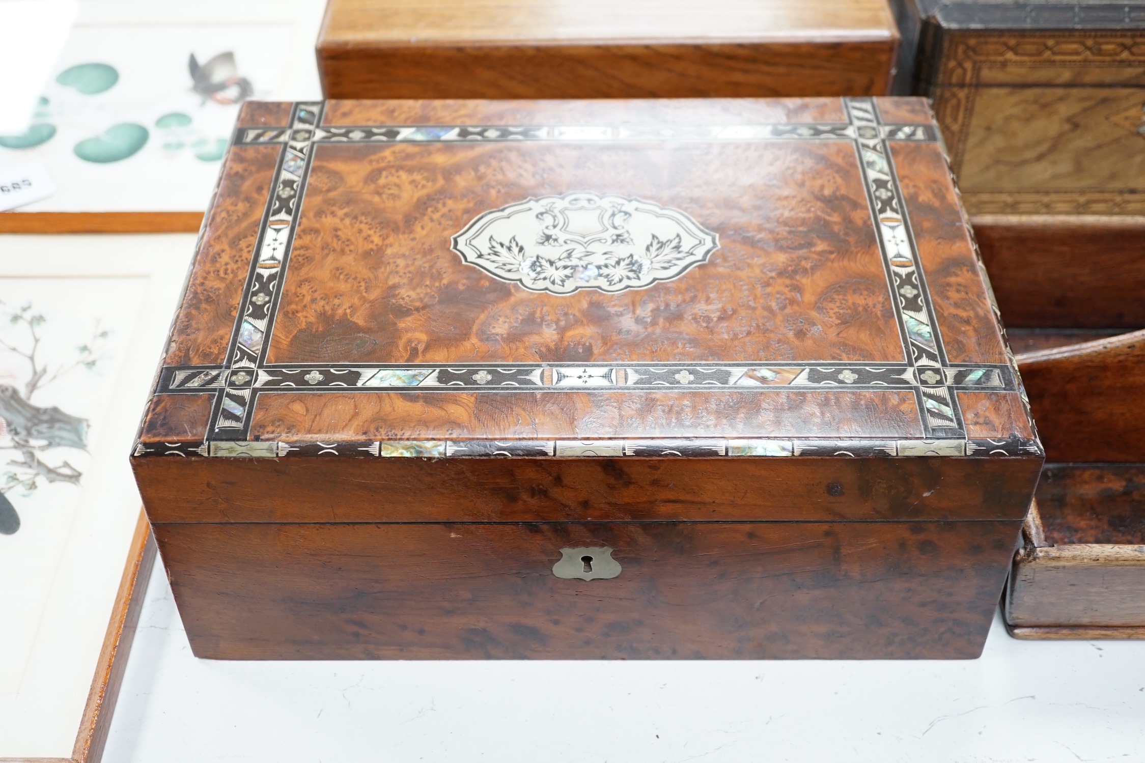 Two Victorian boxes, an amboyna writing slope and a cutlery tray / carrier, largest 33cm wide. Condition - fair
